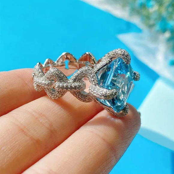 Stunning 12 Carat Blue Crystal Pave Cocktail Ring - Picture 5 of 6